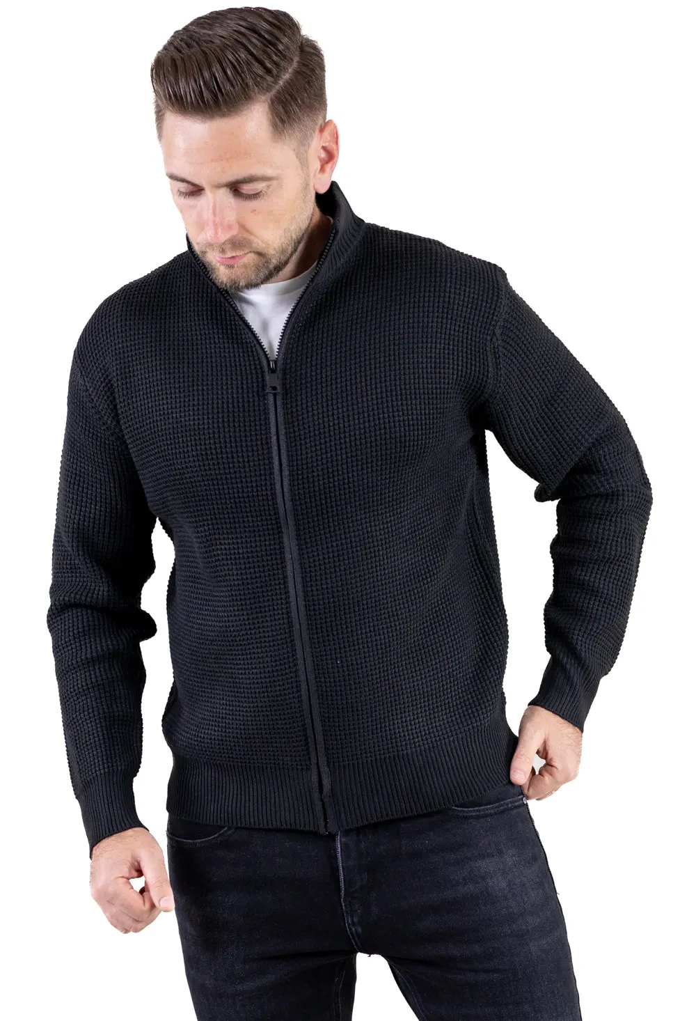 Barbati - Cardigan bărbați negru din tricot cu fermoar și guler semi-înalt