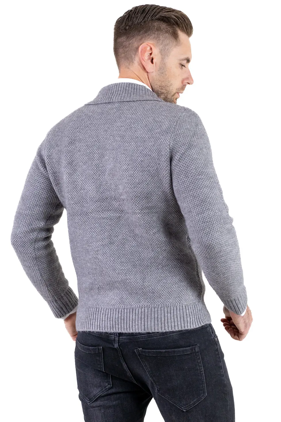 Cardigan gri bărbați elegant cu rever și nasturi [7]