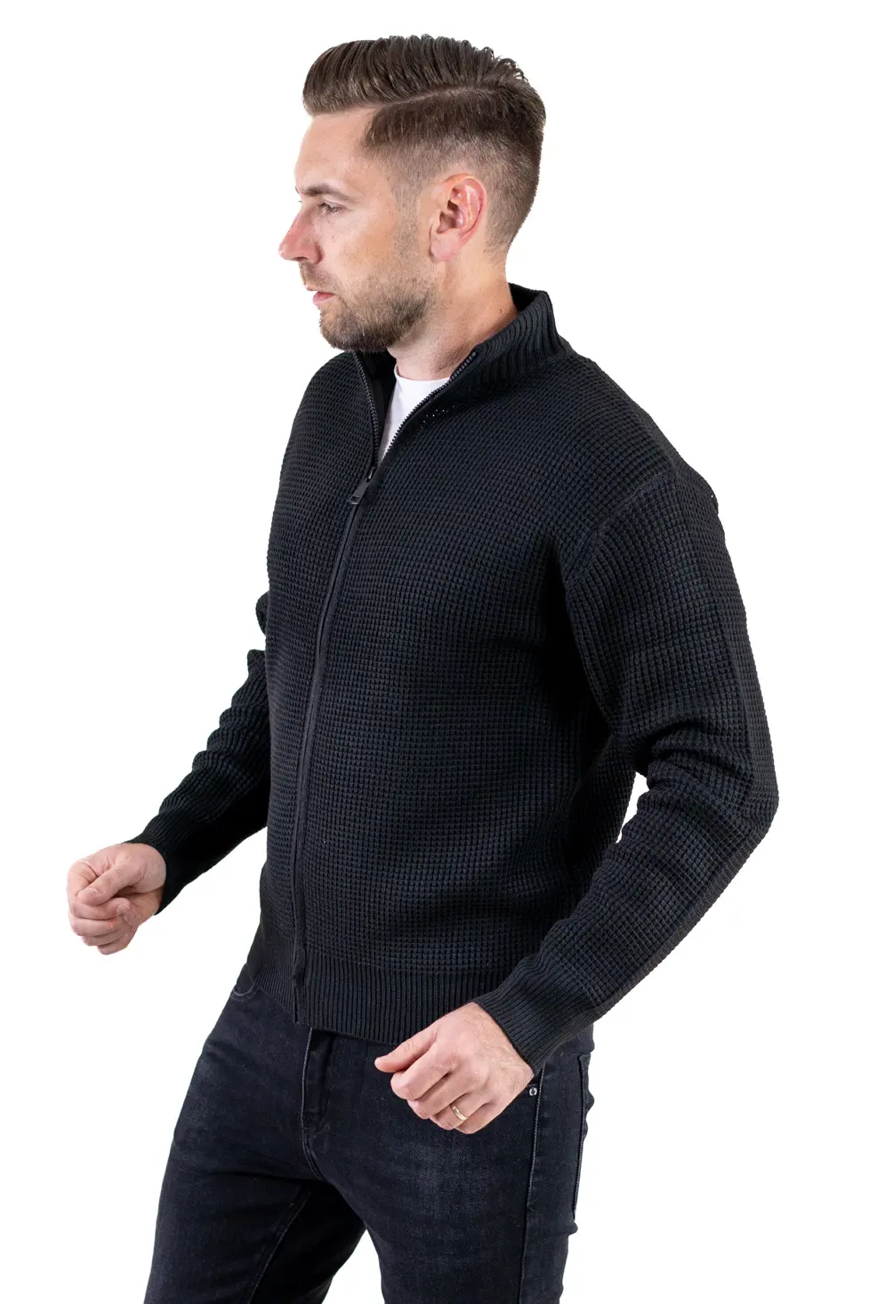Cardigan bărbați negru din tricot cu fermoar și guler semi-înalt [8]