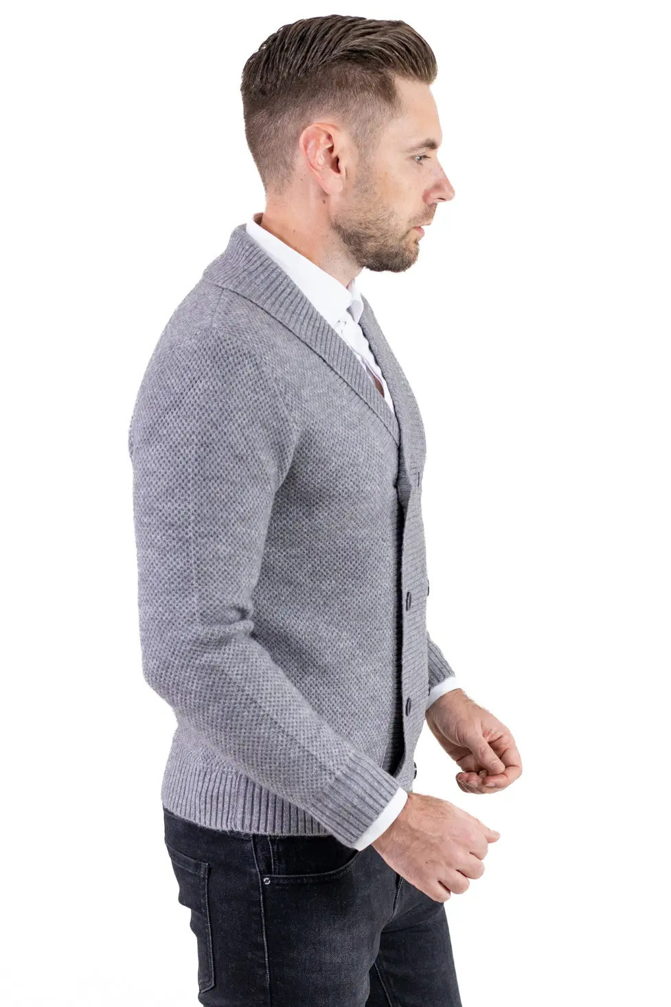 Cardigan gri bărbați elegant cu rever și nasturi [6]
