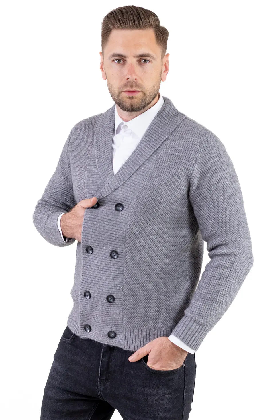 Cardigan gri bărbați elegant cu rever și nasturi [4]