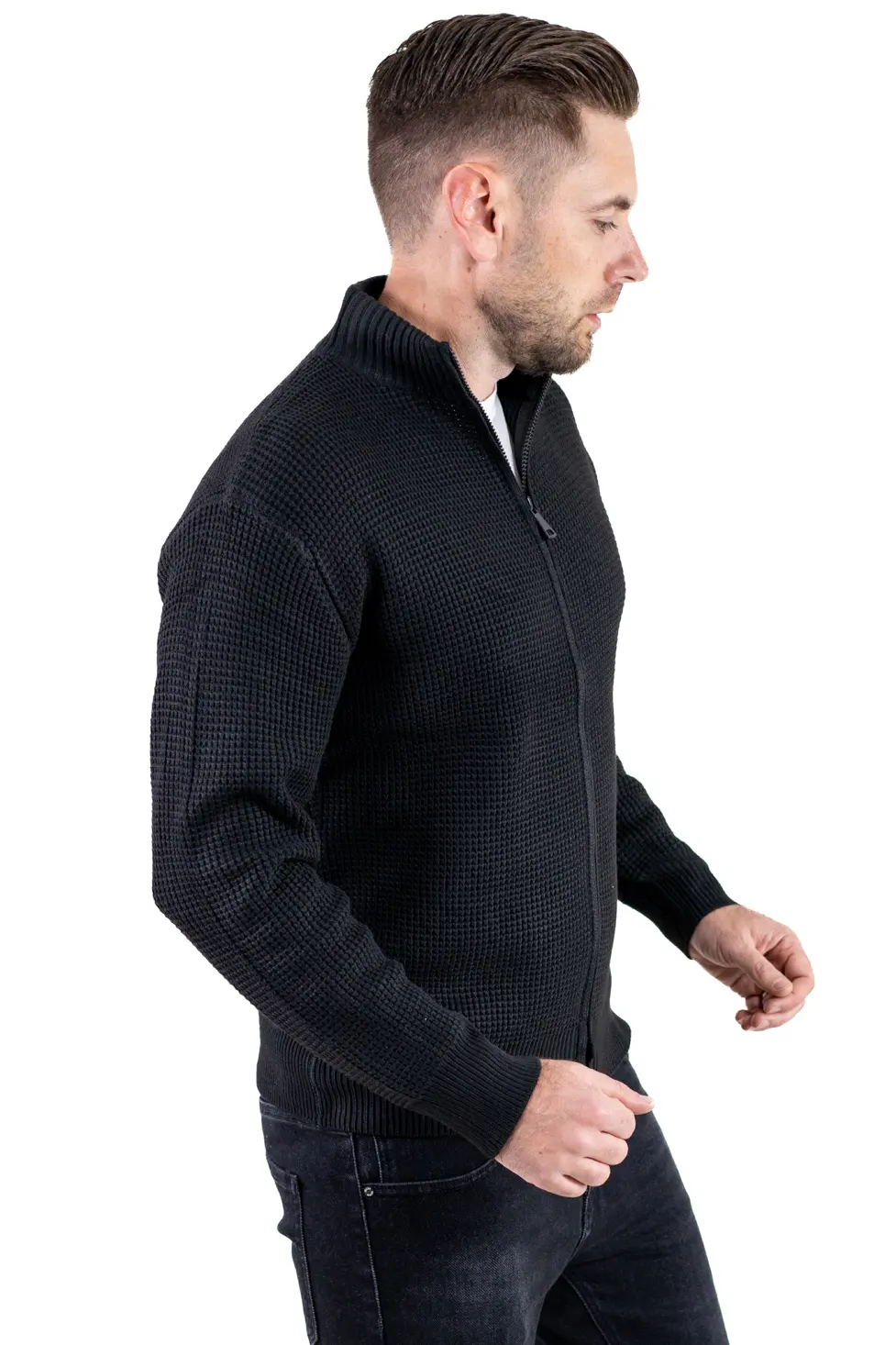Cardigan bărbați negru din tricot cu fermoar și guler semi-înalt [5]