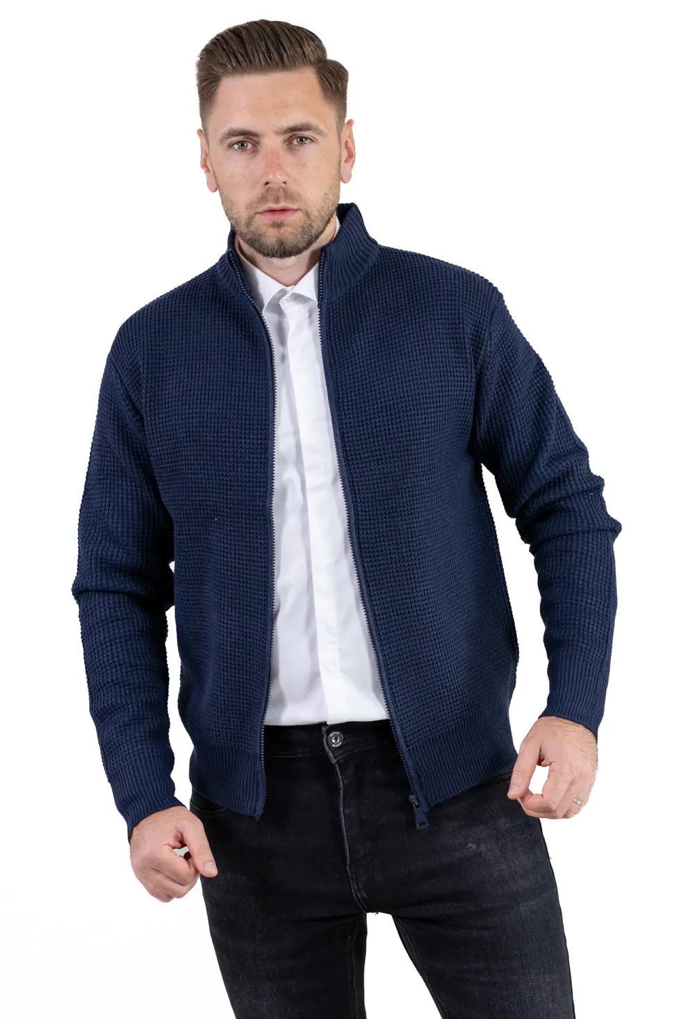 Cardigan bărbați bleumarin din tricot cu fermoar și guler semi-înalt [3]