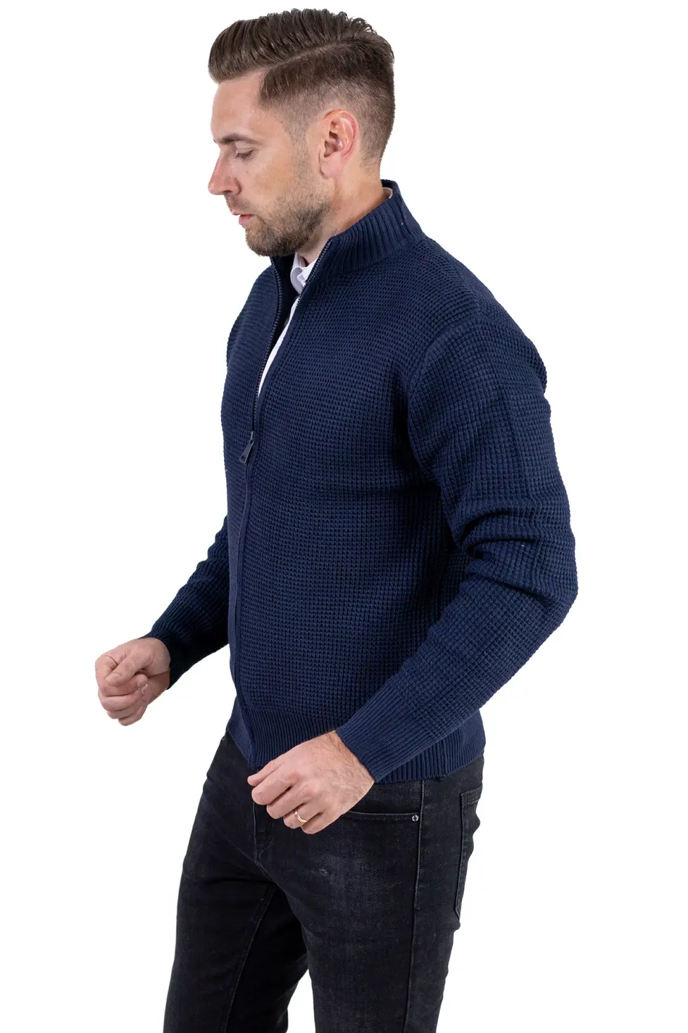 Cardigan bărbați bleumarin din tricot cu fermoar și guler semi-înalt [7]