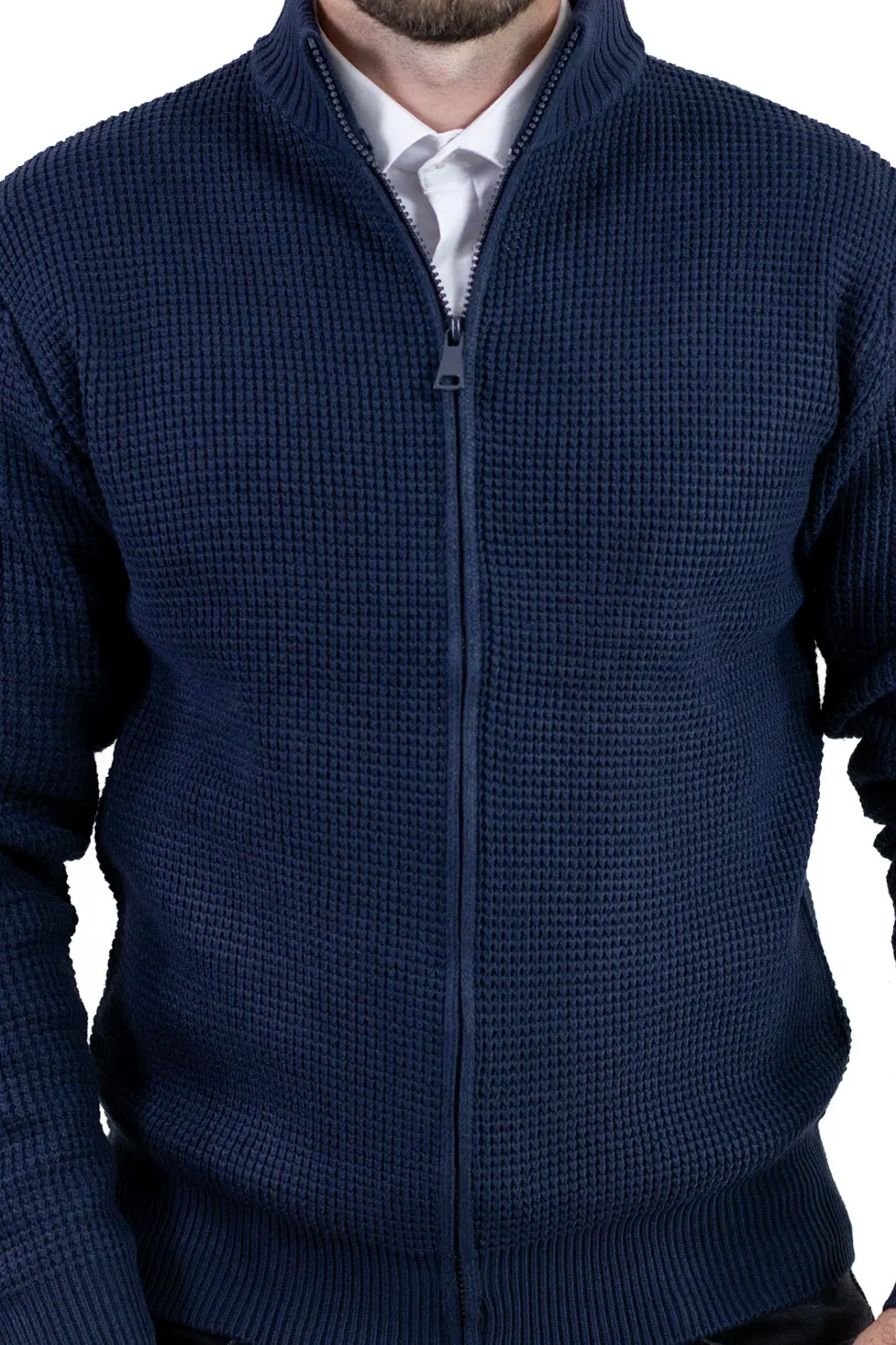 Cardigan bărbați bleumarin din tricot cu fermoar și guler semi-înalt [1]