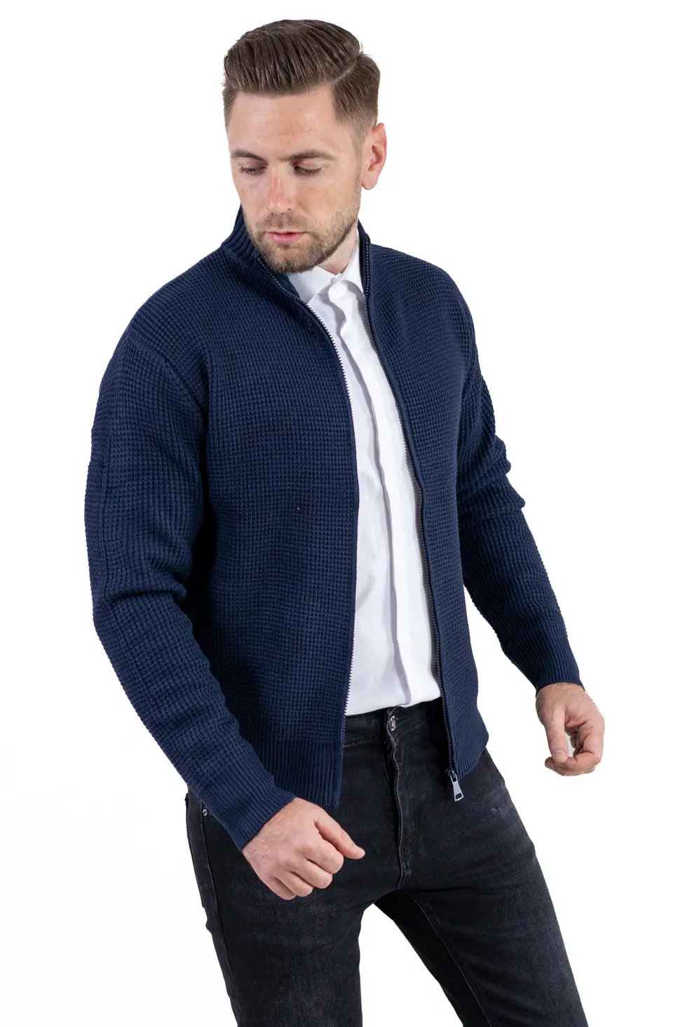 Cardigan bărbați bleumarin din tricot cu fermoar și guler semi-înalt [4]