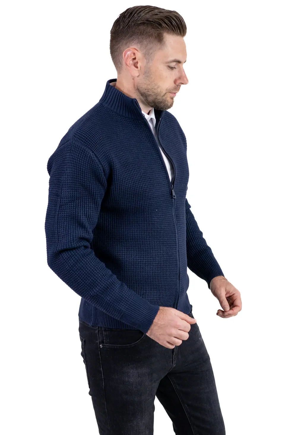 Cardigan bărbați bleumarin din tricot cu fermoar și guler semi-înalt [6]