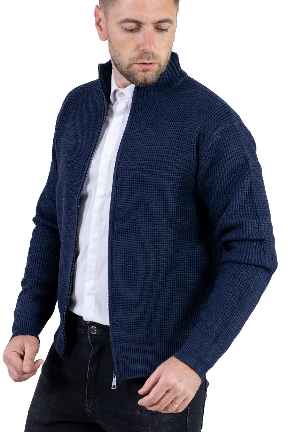 Cardigan bărbați bleumarin din tricot cu fermoar și guler semi-înalt [5]
