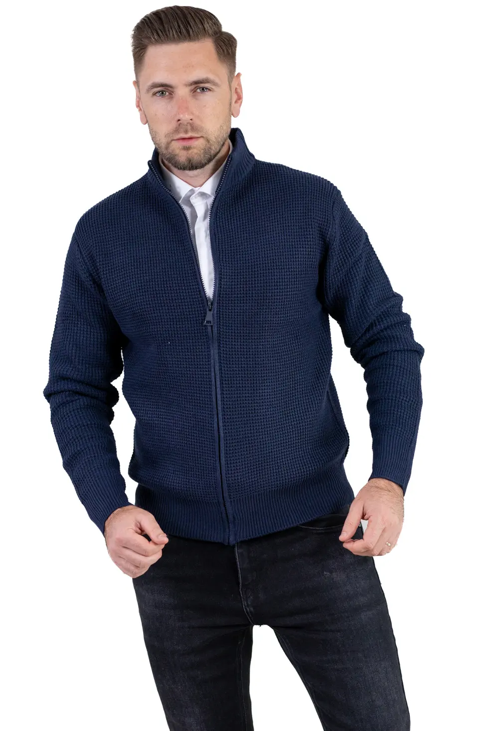 Barbati - Cardigan bărbați bleumarin din tricot cu fermoar și guler semi-înalt
