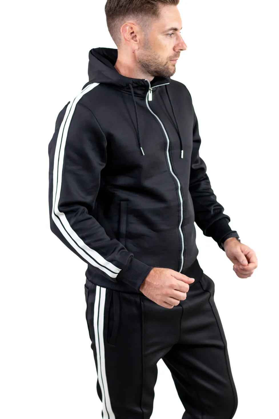 Compleu sport negru cu dungi laterale albe și glugă [9]
