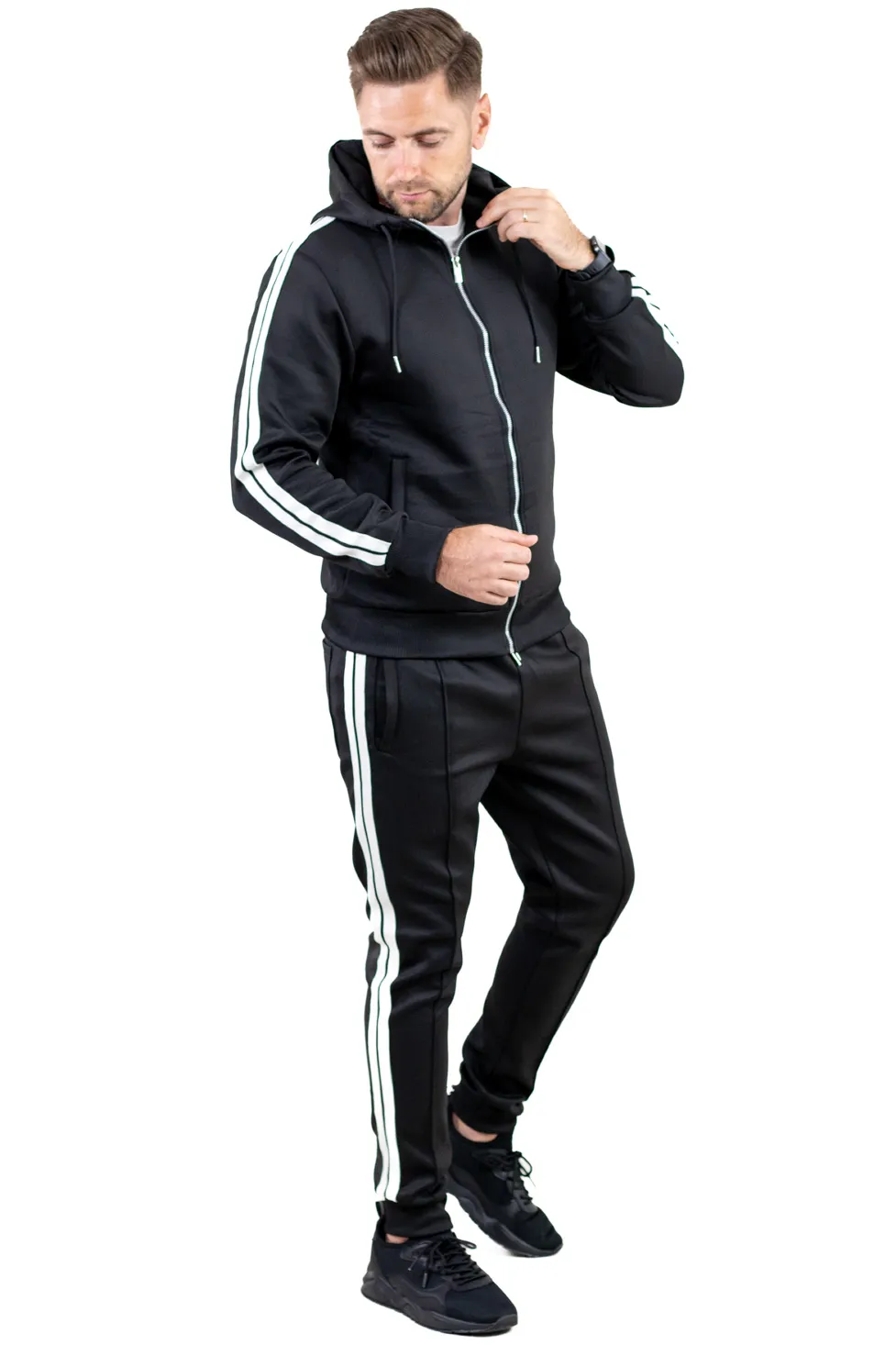 Barbati - Compleu sport negru cu dungi laterale albe și glugă