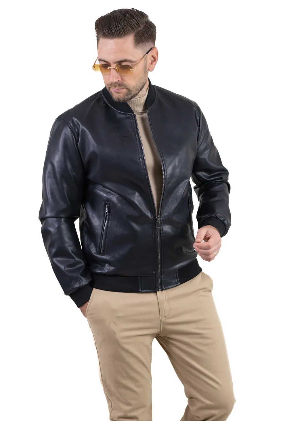 Jachete subtiri - Geaca barbati bomber din piele ecologica neagră