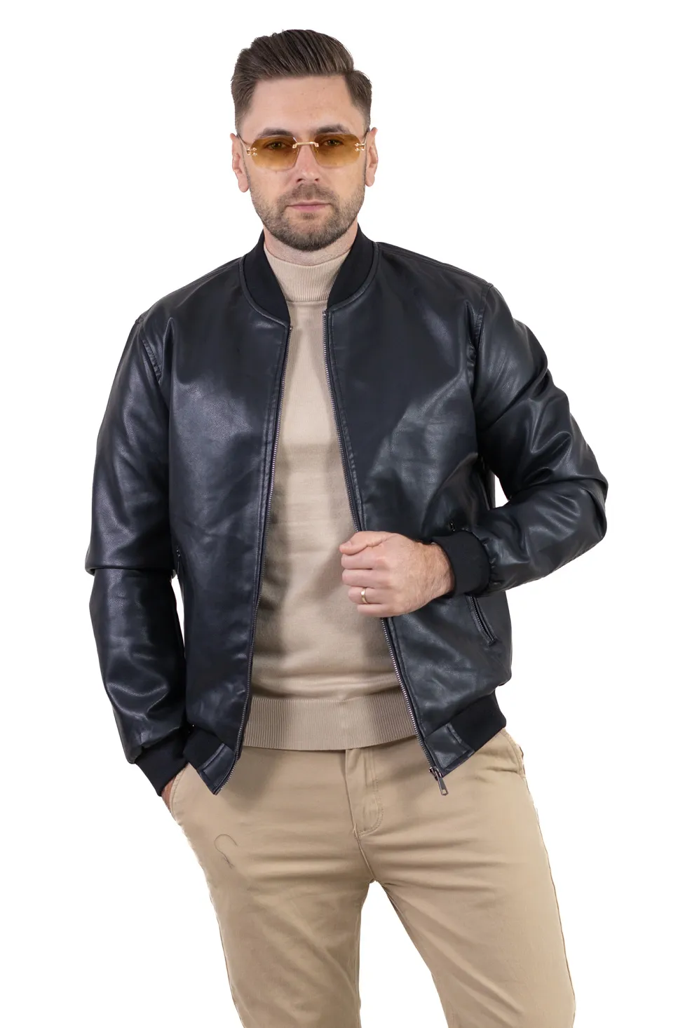 Geaca barbati bomber din piele ecologica neagră [6]