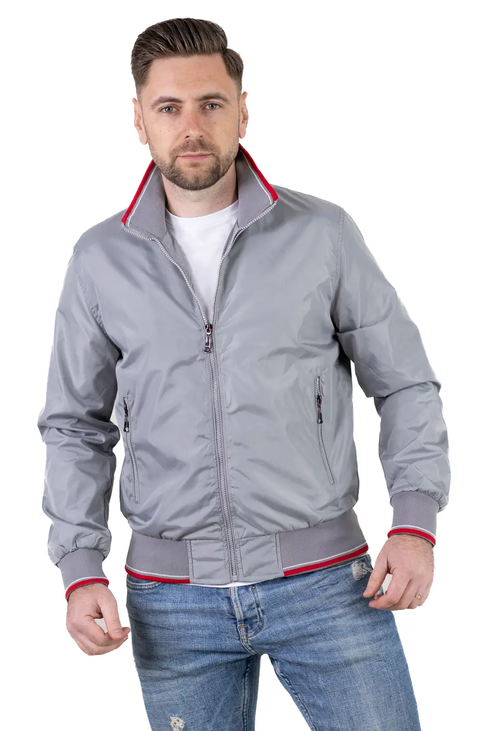 Barbati - Geaca barbati subtire tip foita gri cu detalii