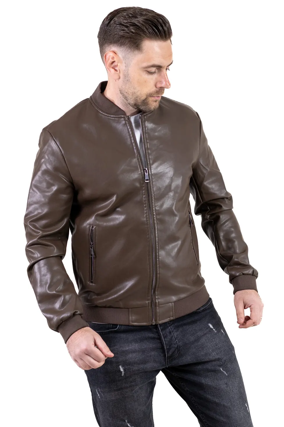 Geaca barbati bomber din piele ecologica maro [3]