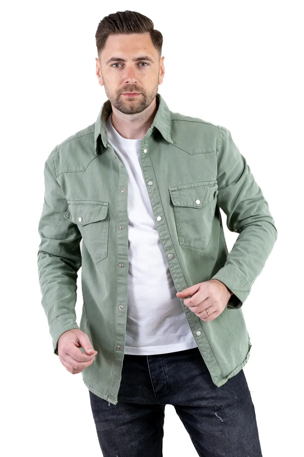 Camasa tip jacheta din denim – verde olive [5]