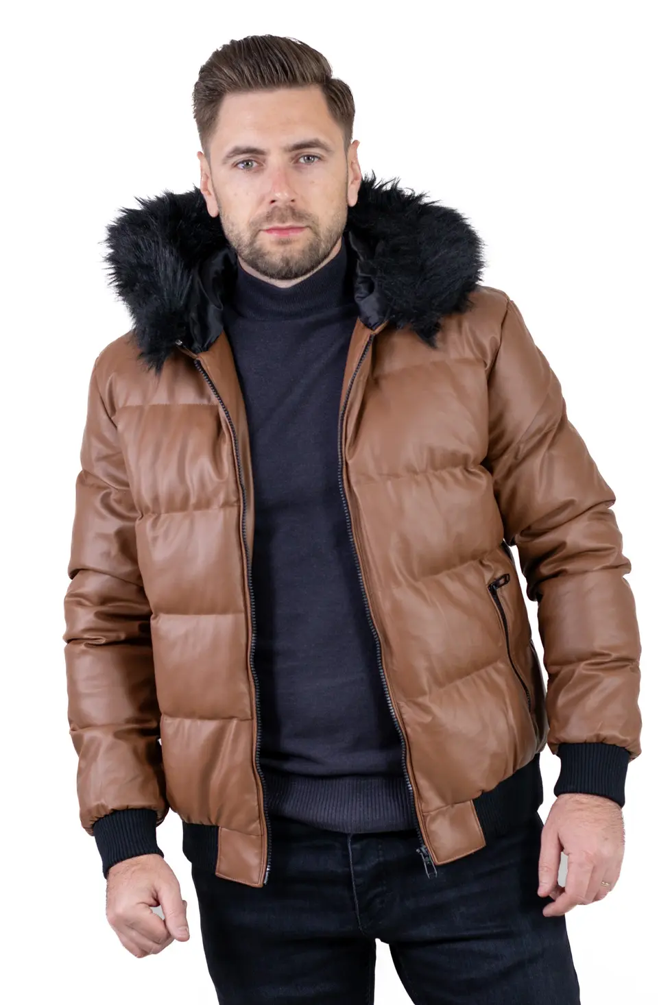 Noutati - Geacă iarnă bărbați din piele ecologică cu blăniță