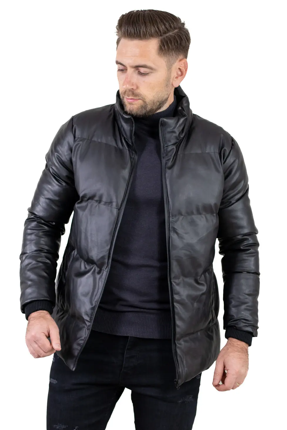 Geci de iarna - Geacă iarnă bărbați din piele ecologică, croială dreaptă