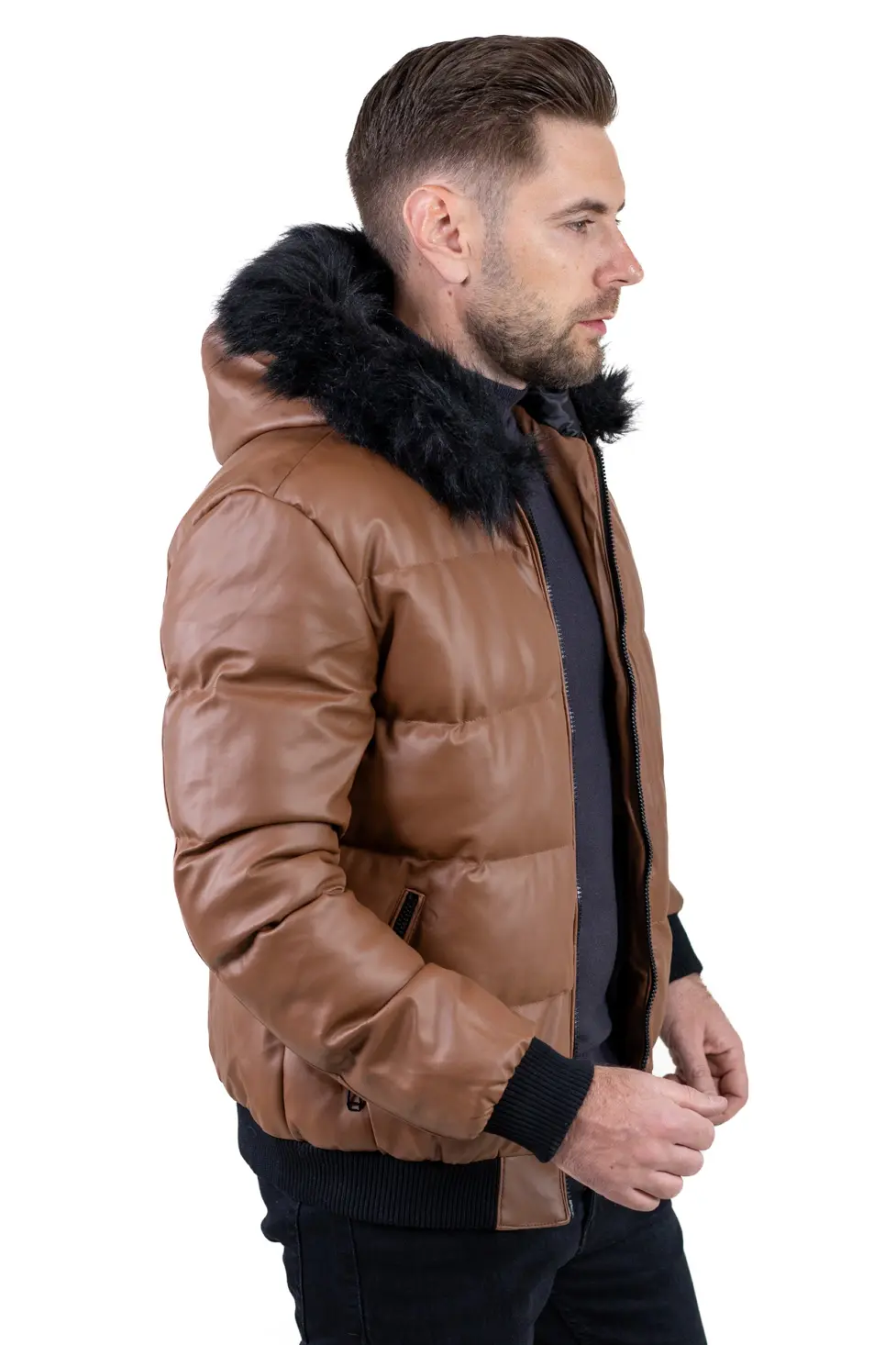 Geacă iarnă bărbați din piele ecologică cu blăniță [5]