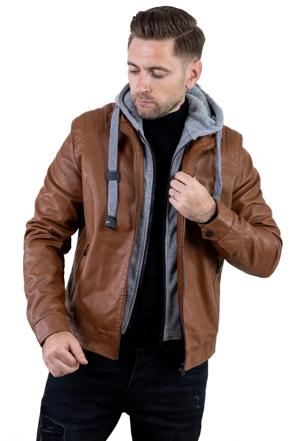 GECI - Geacă piele ecologică bărbați cu glugă detașabilă – maro | Maxwear