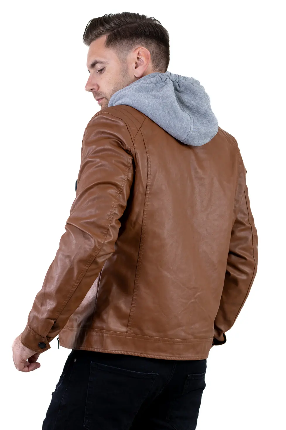 Geacă piele ecologică bărbați cu glugă detașabilă – maro | Maxwear [5]