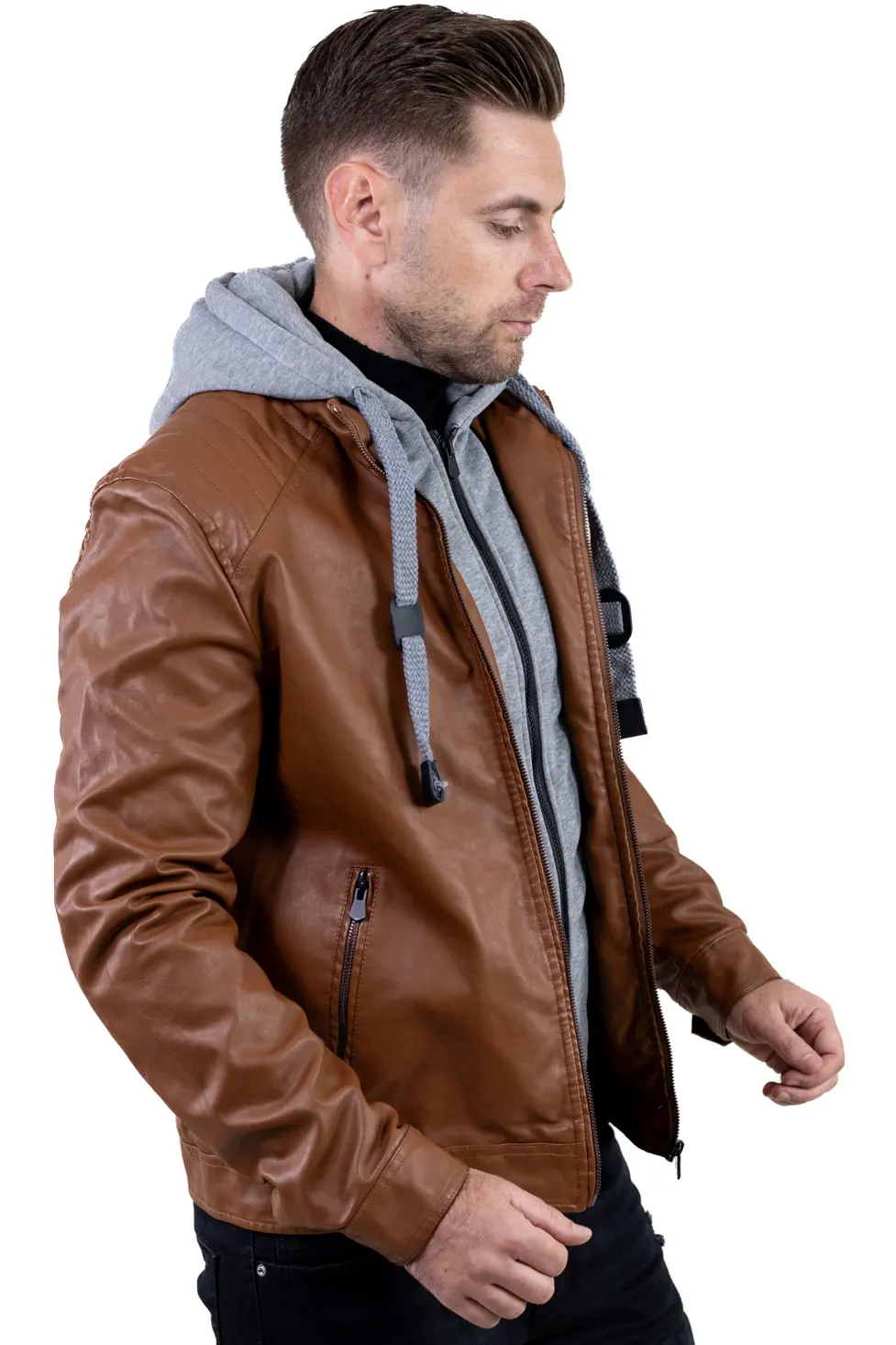 Geacă piele ecologică bărbați cu glugă detașabilă – maro | Maxwear [7]