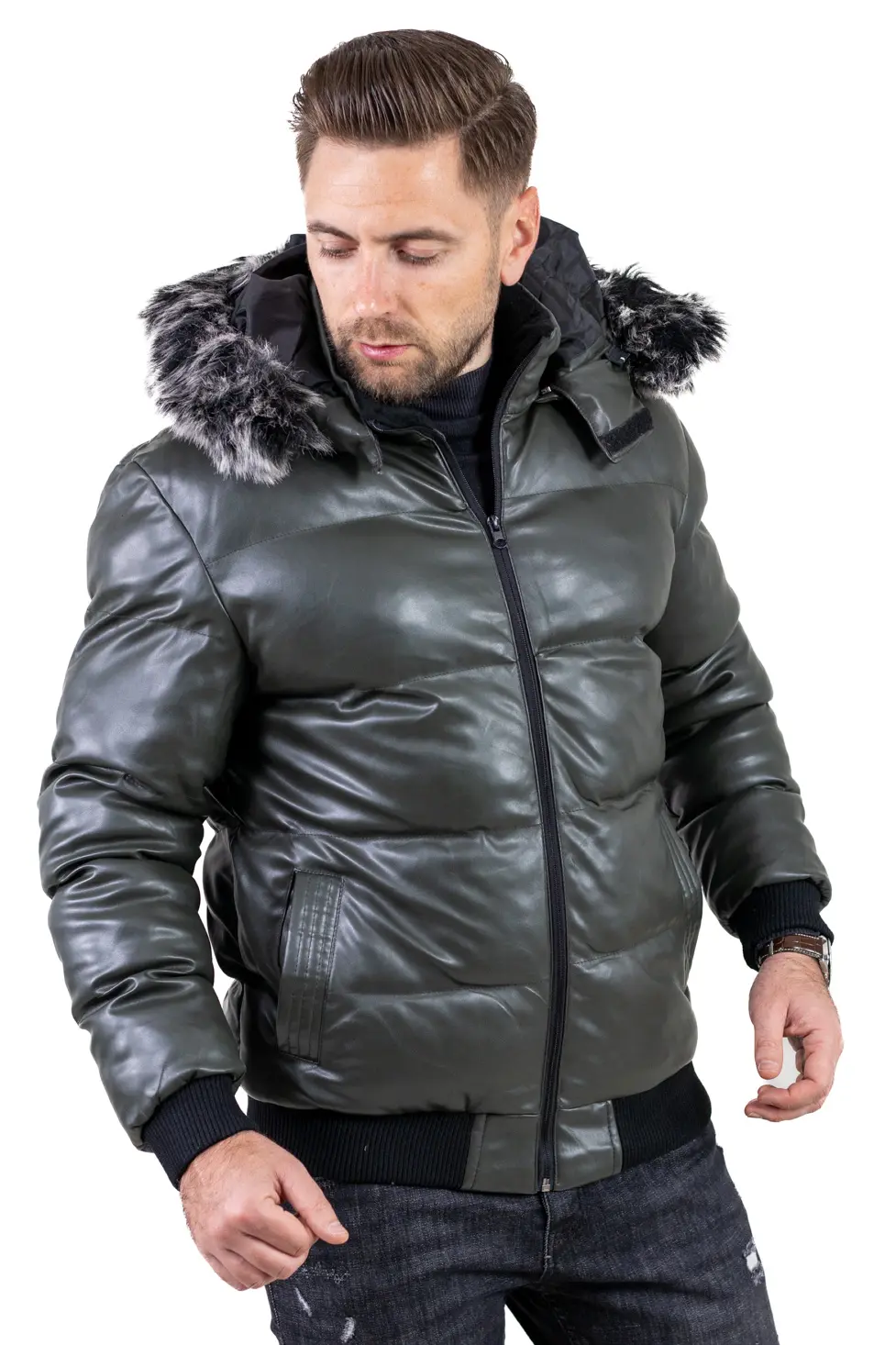 Geacă iarnă bărbați din piele ecologică, croială dreaptă [8]