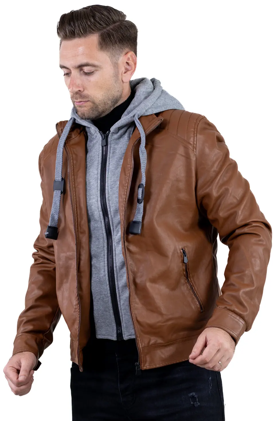 Geacă piele ecologică bărbați cu glugă detașabilă – maro | Maxwear [4]