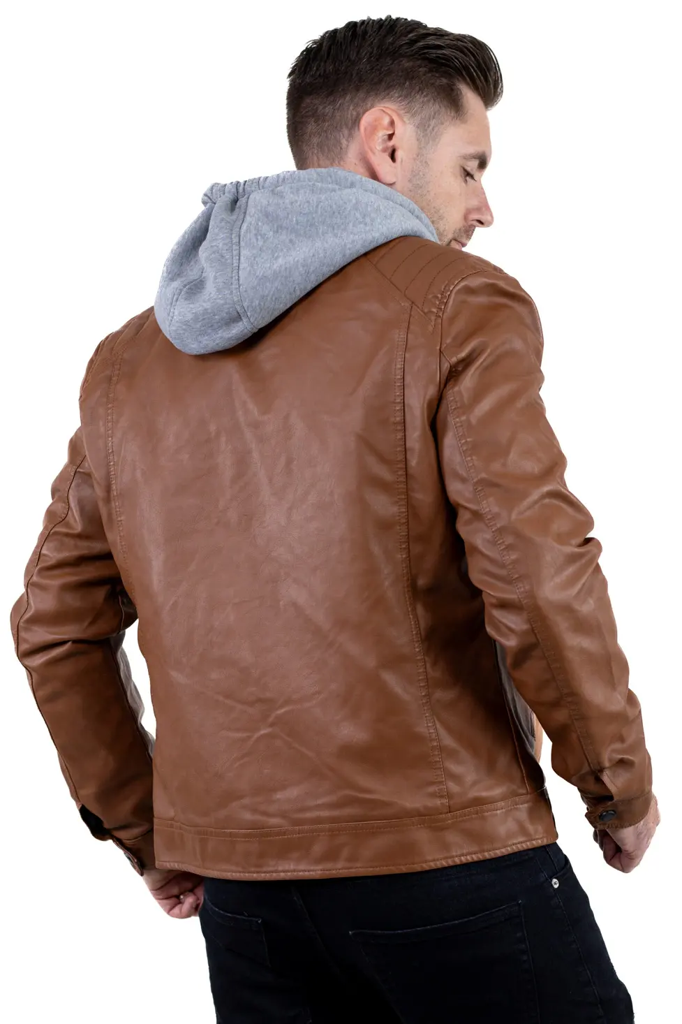 Geacă piele ecologică bărbați cu glugă detașabilă – maro | Maxwear [6]
