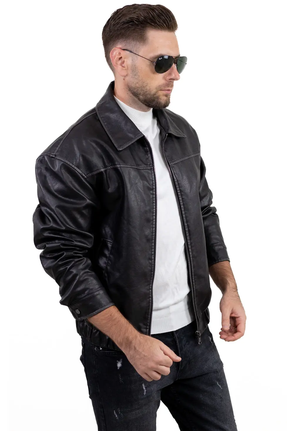 Geci piele - Geaca eco-piele neagra - guler cu reve