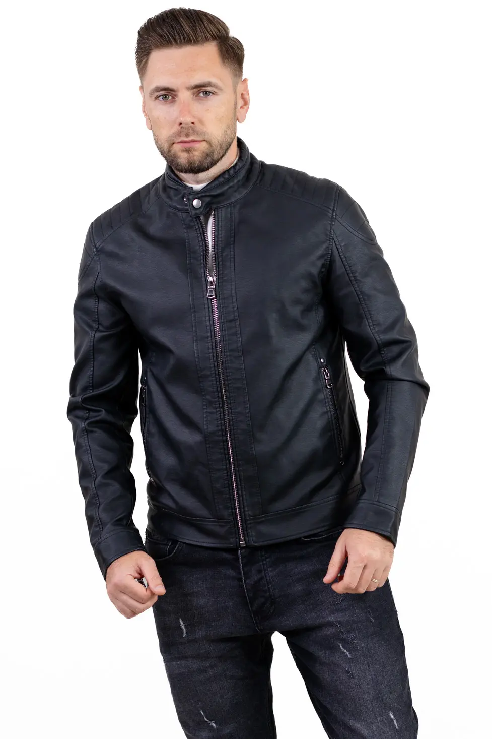 Geci piele - Geaca eco-piele neagra slim fit