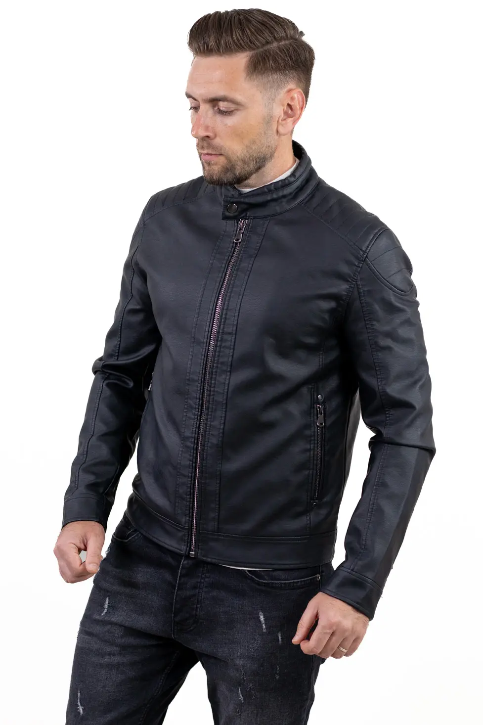 Geaca eco-piele neagra slim fit [5]