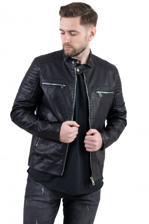 Geci piele - Geaca eco-piele neagra cu fermoare
