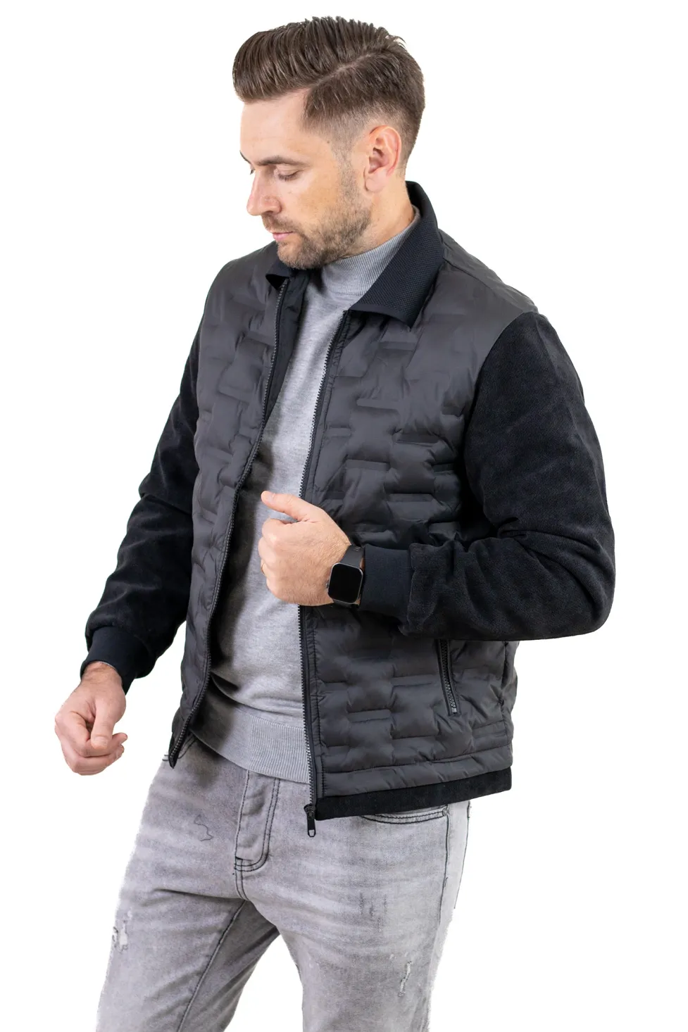 Jachete subtiri - Geacă eleganta matlasată cu mâneci din tricot neagră