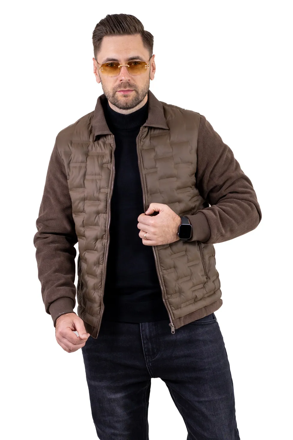 Geacă eleganta matlasată cu mâneci din tricot maro [8]