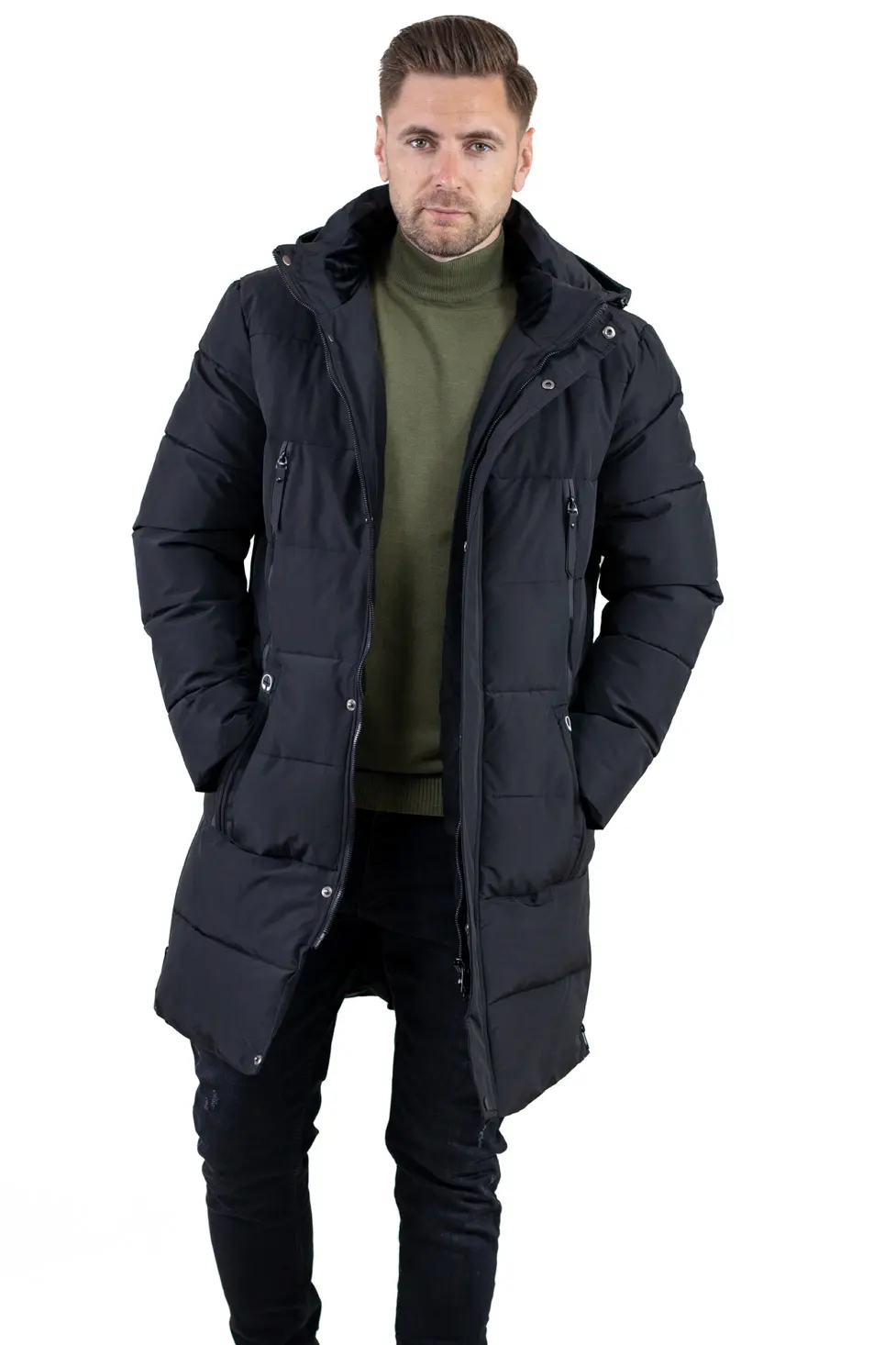 GECI - Geacă neagră groasă lungă de iarnă bărbați