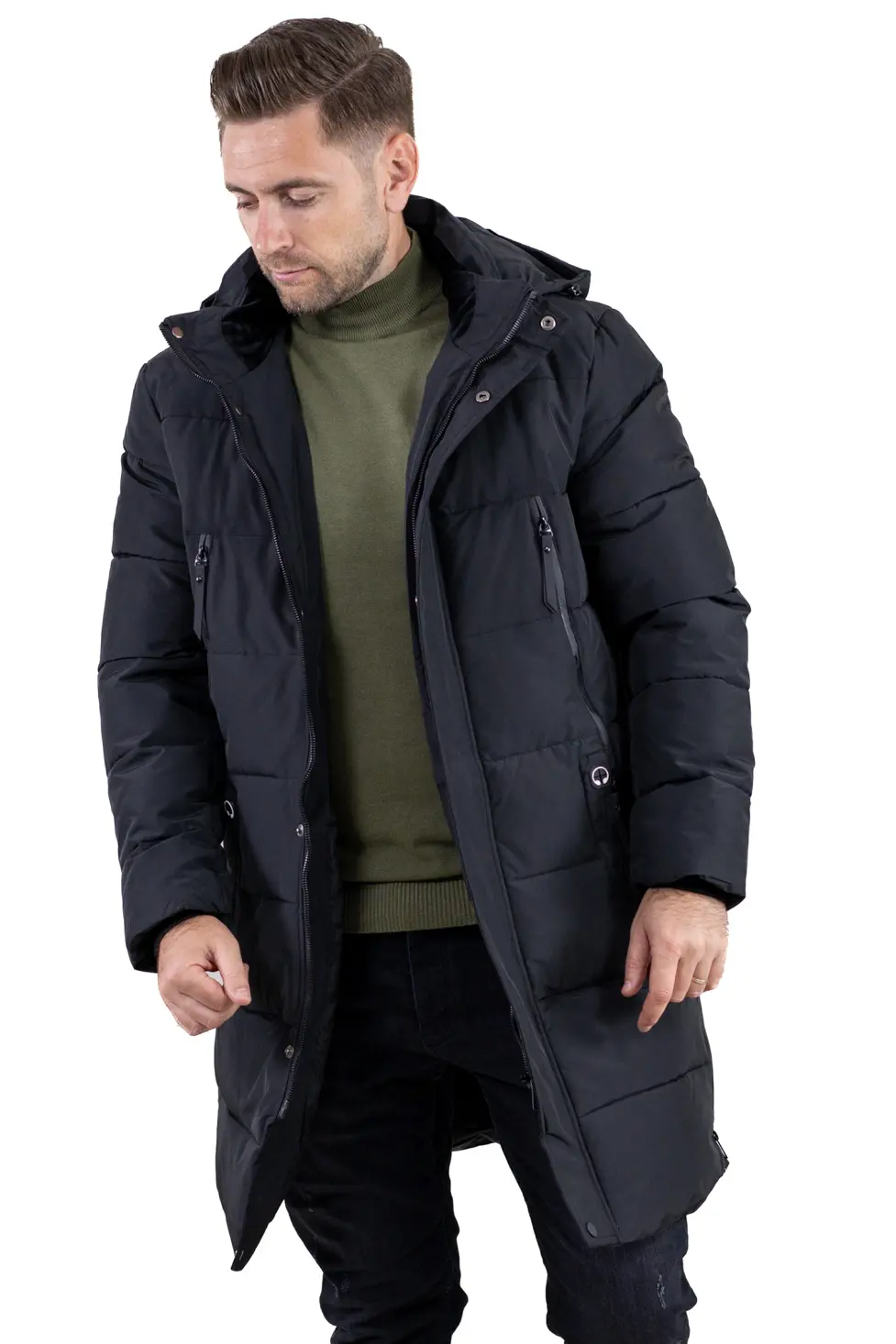 Geacă neagră groasă lungă de iarnă bărbați [8]