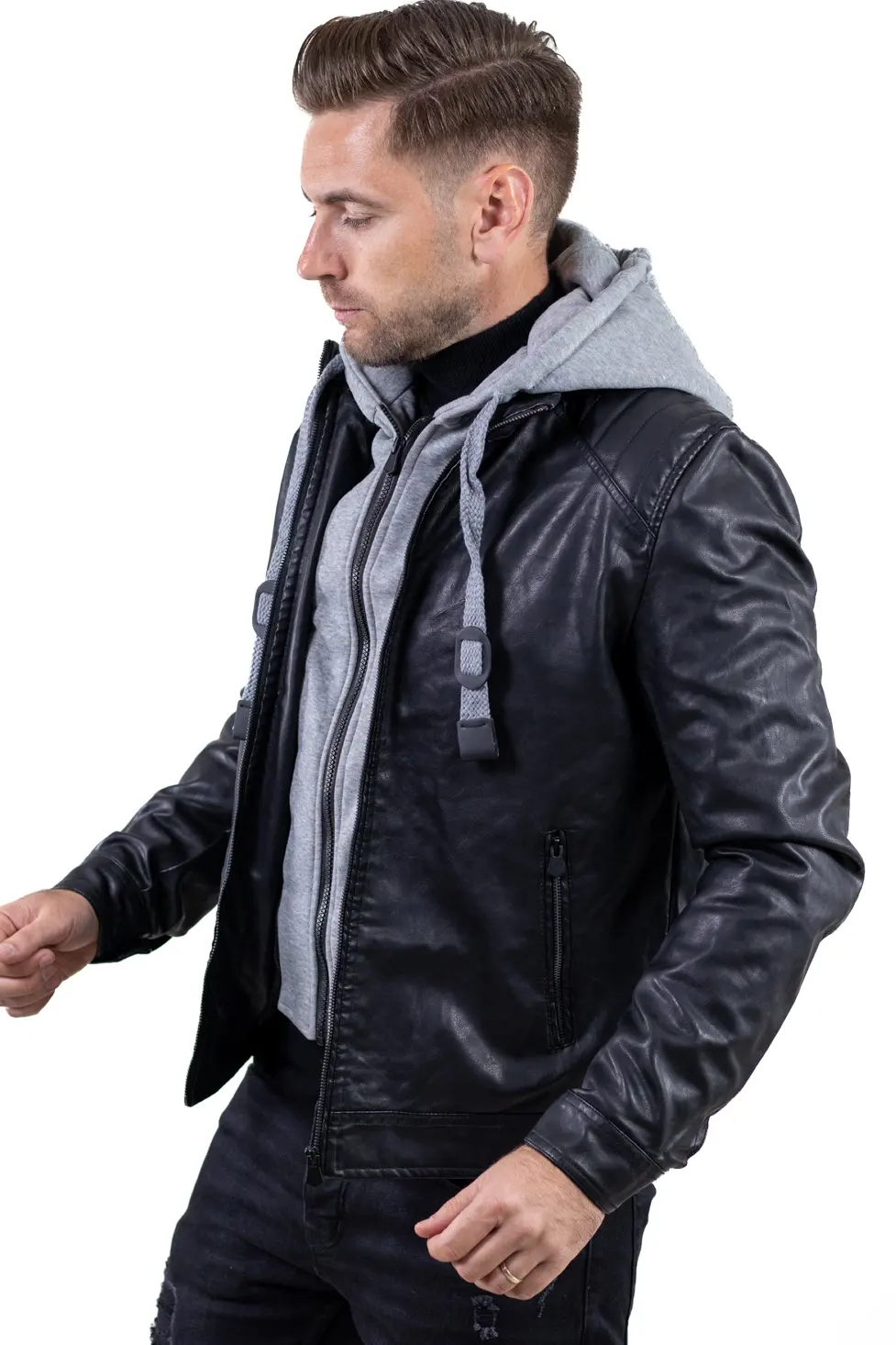Geacă piele ecologică bărbați cu glugă detașabilă – neagră | Maxwear [1]