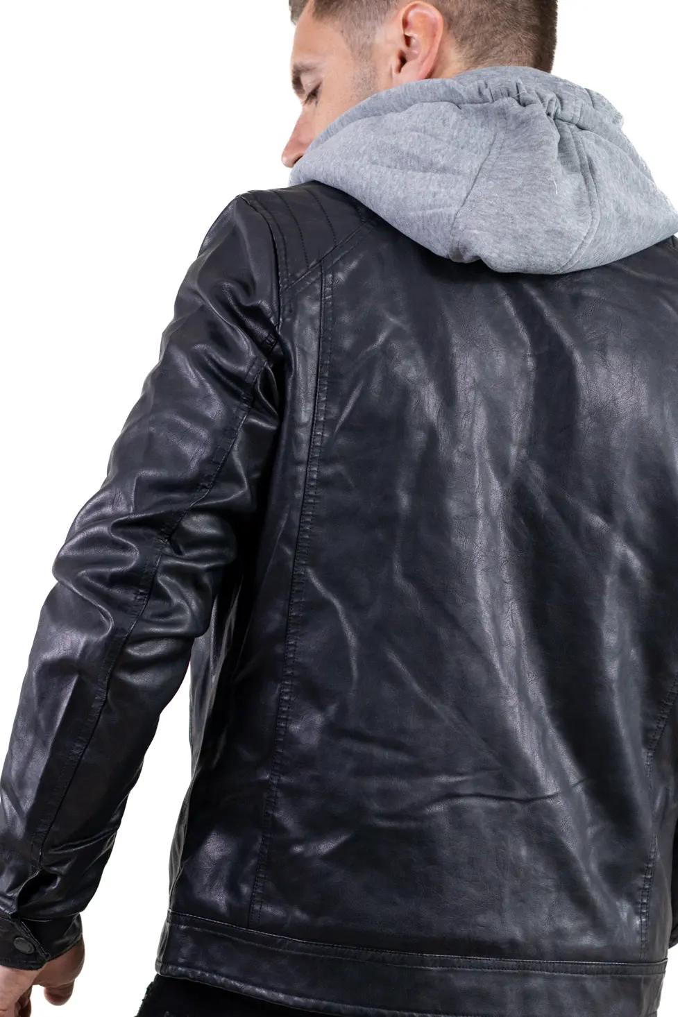 Geacă piele ecologică bărbați cu glugă detașabilă – neagră | Maxwear [3]