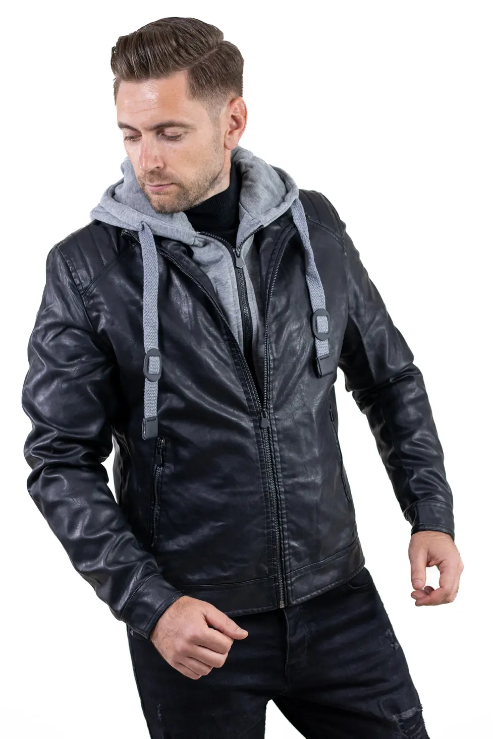 GECI - Geacă piele ecologică bărbați cu glugă detașabilă – neagră | Maxwear