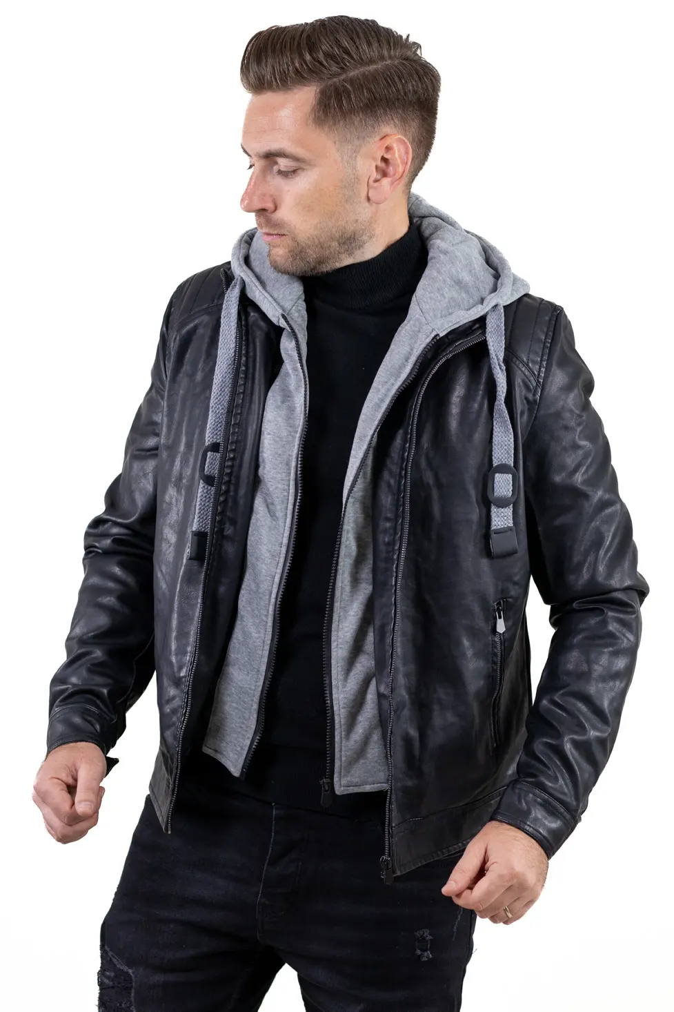 Geacă piele ecologică bărbați cu glugă detașabilă – neagră | Maxwear [6]