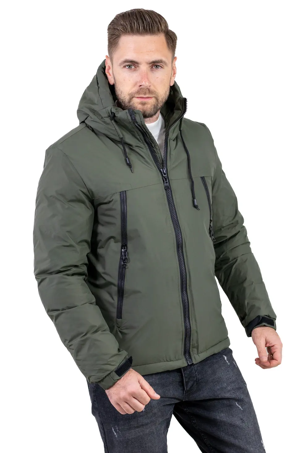 SMART CASUAL - Geacă verde de iarnă impermeabilă pentru bărbați cu glugă și buzunare multiple