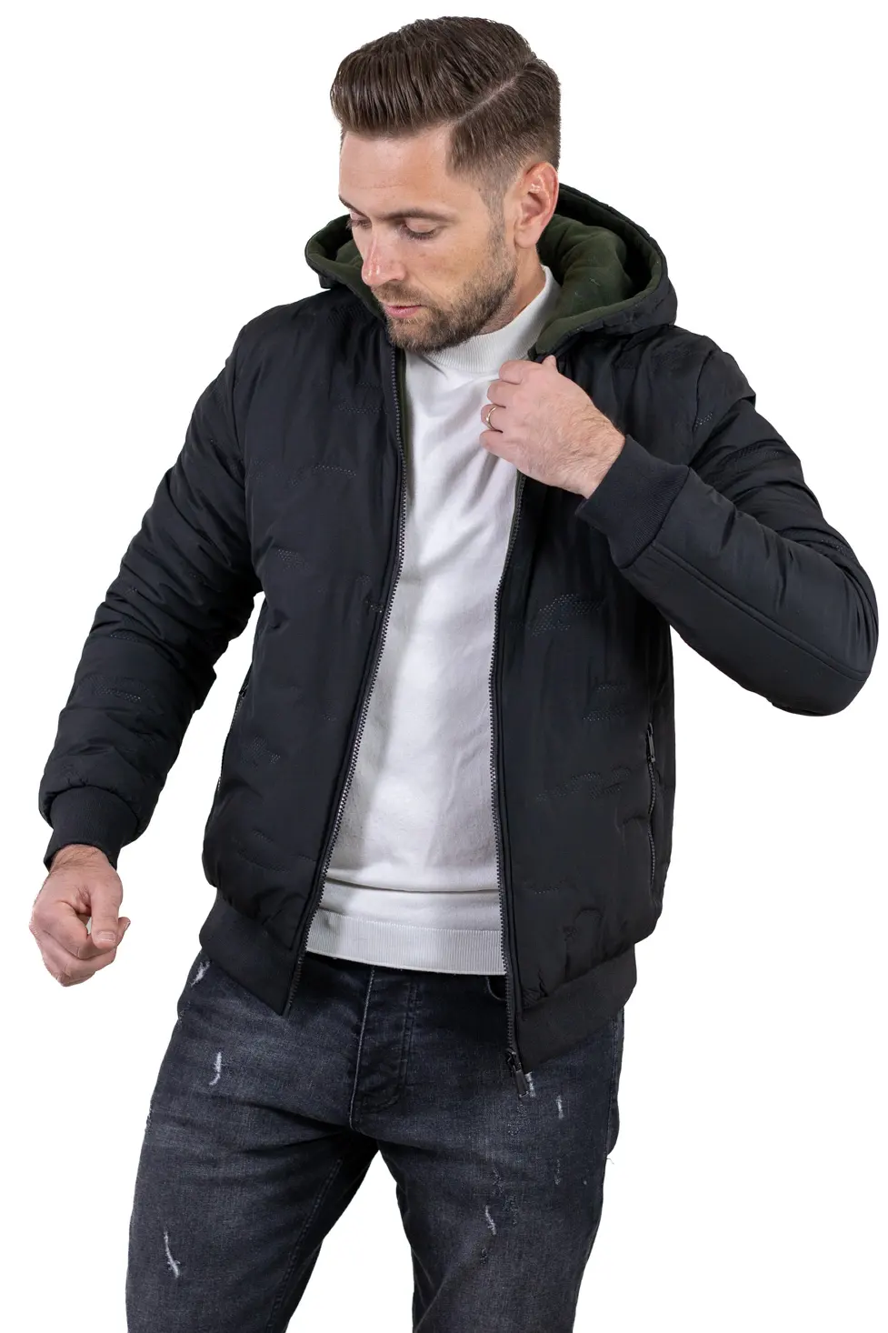 Geacă reversibilă bărbați cu glugă detașabilă – față matlasată & față din bumbac [12]