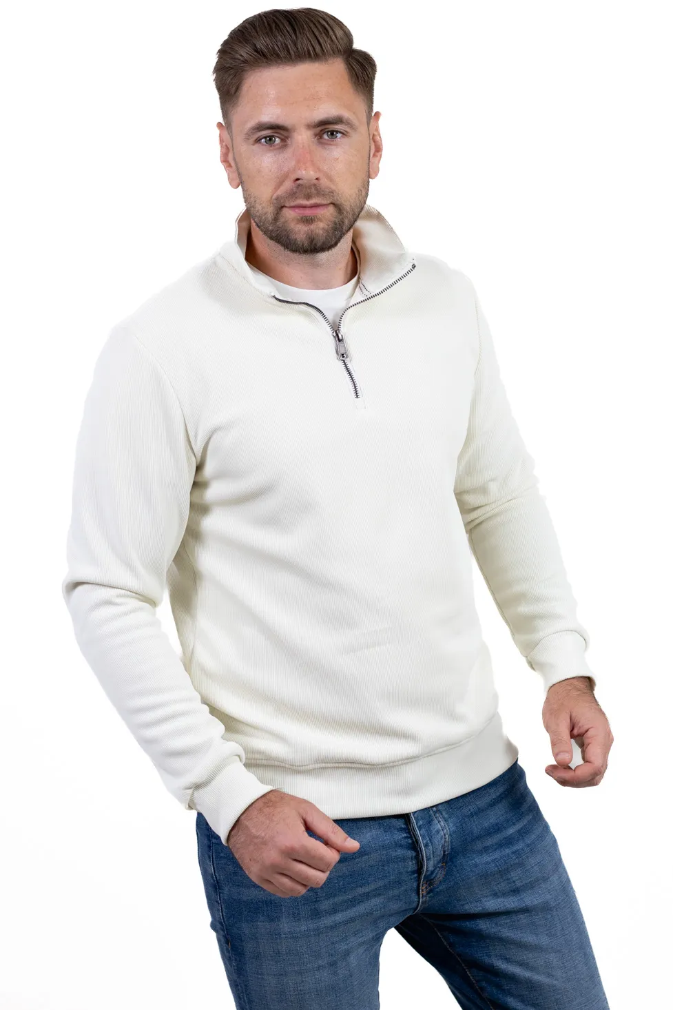 BLUZE - Hanorac bărbați cu fermoar și interior catifelat Plush alb