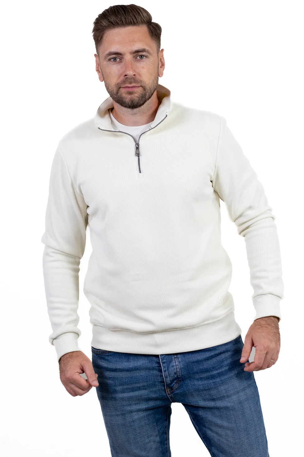 Hanorac bărbați cu fermoar și interior catifelat Plush alb [4]