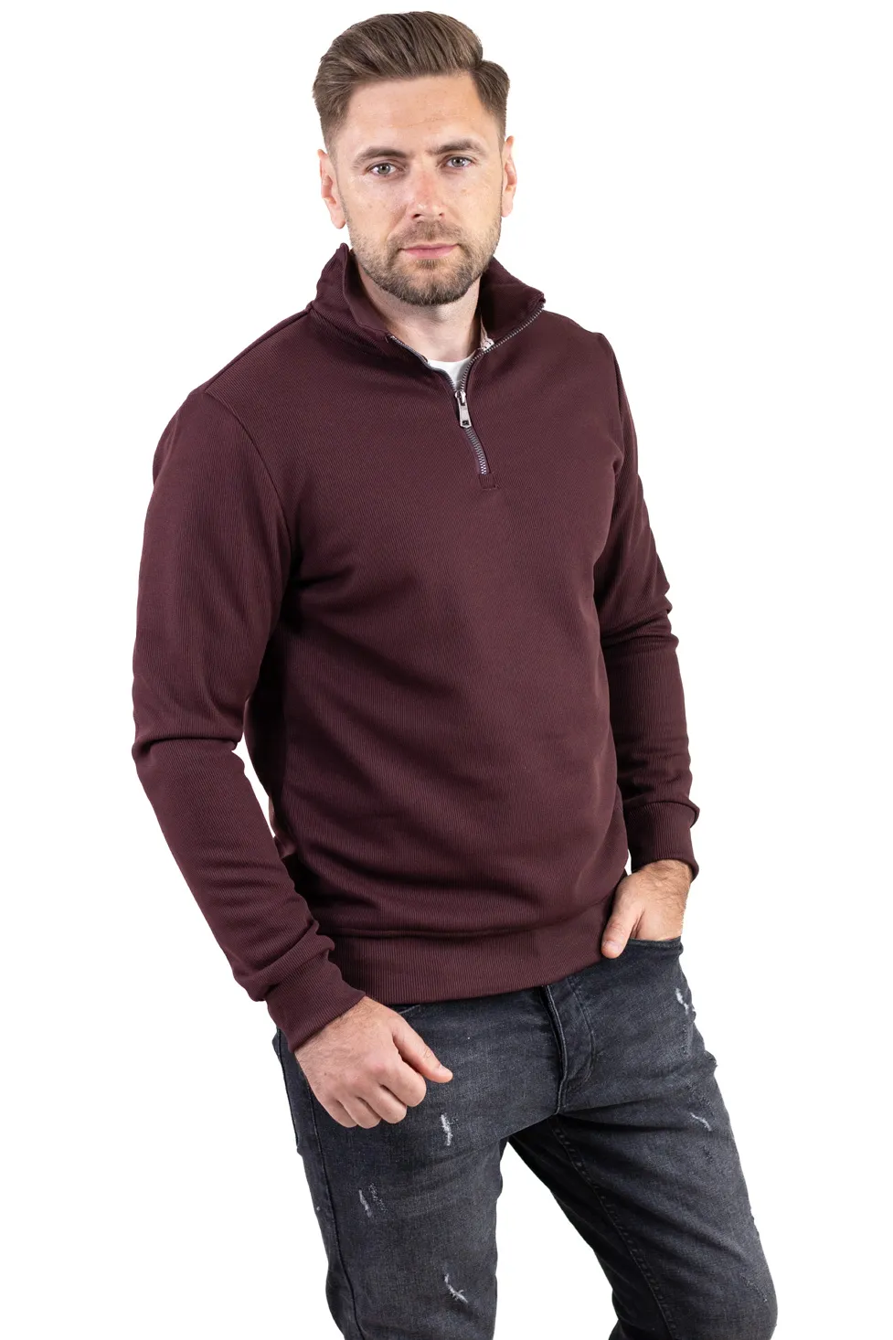 BLUZE - Hanorac bărbați cu fermoar și interior catifelat Plush bordo