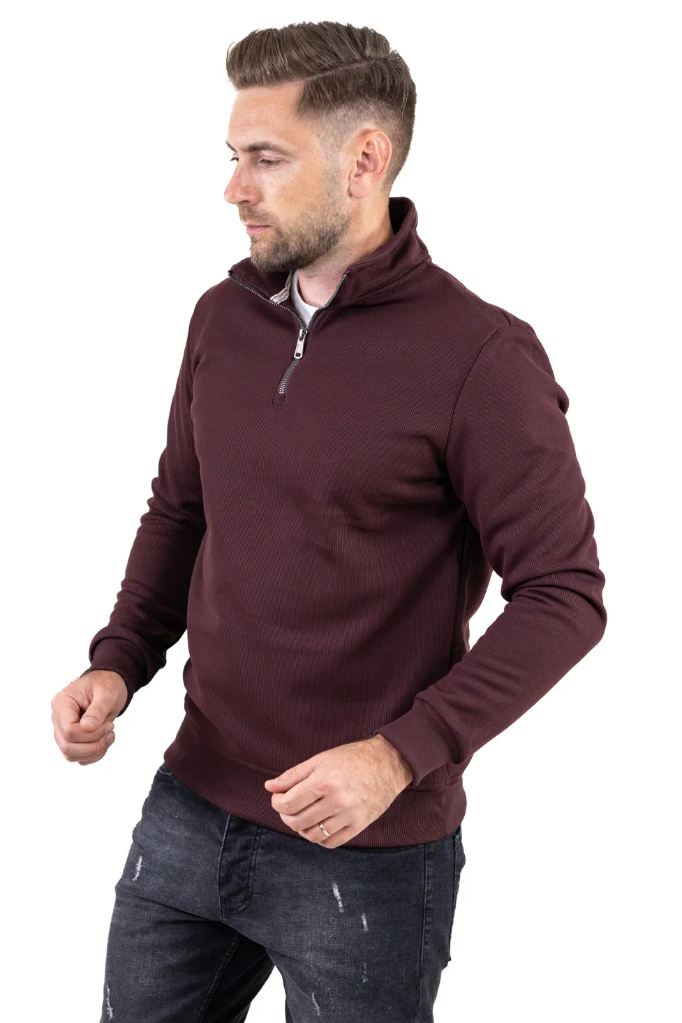 Hanorac bărbați cu fermoar și interior catifelat Plush bordo [4]