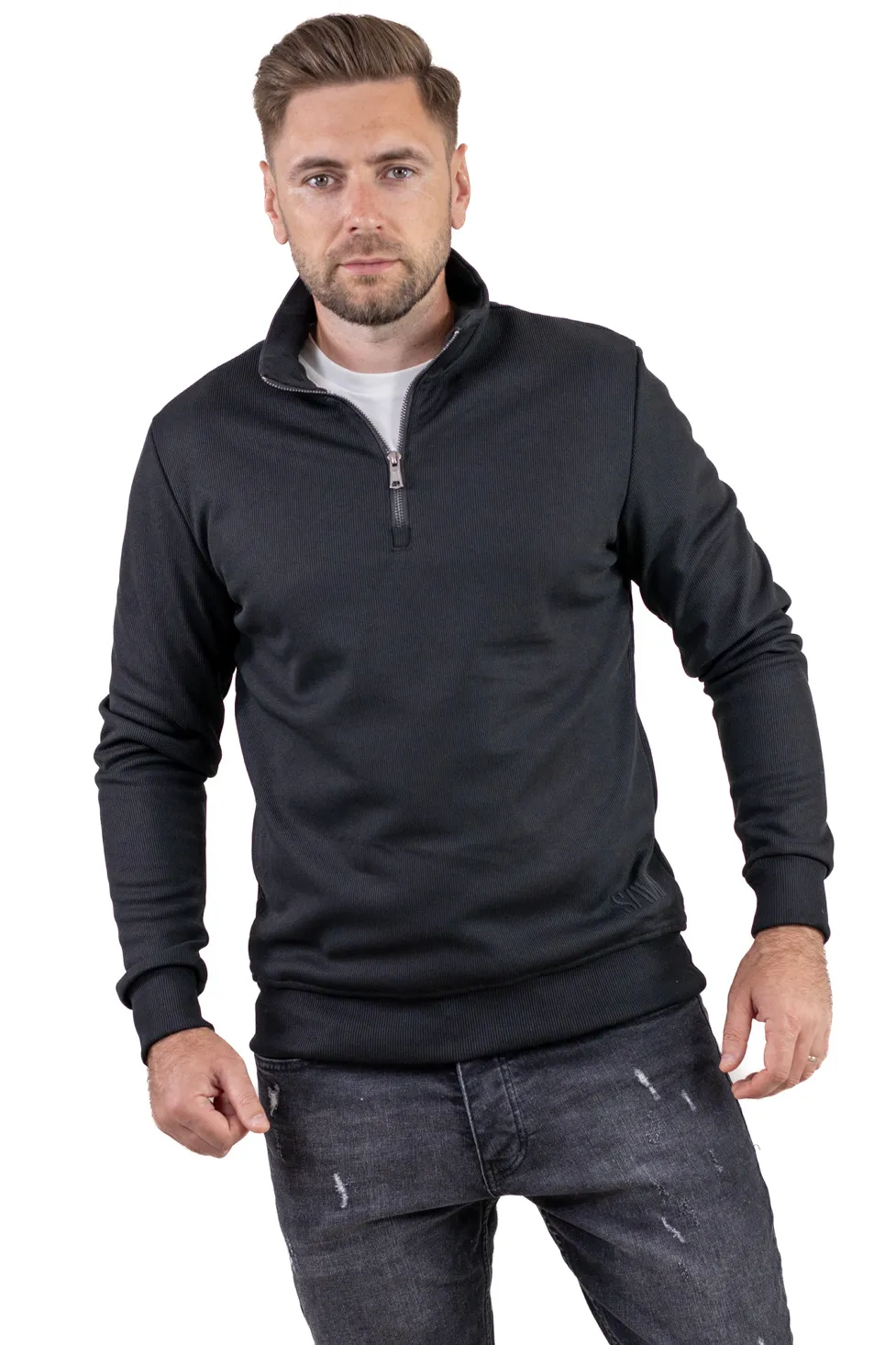 Barbati - Hanorac bărbați cu fermoar și interior catifelat Plush negru