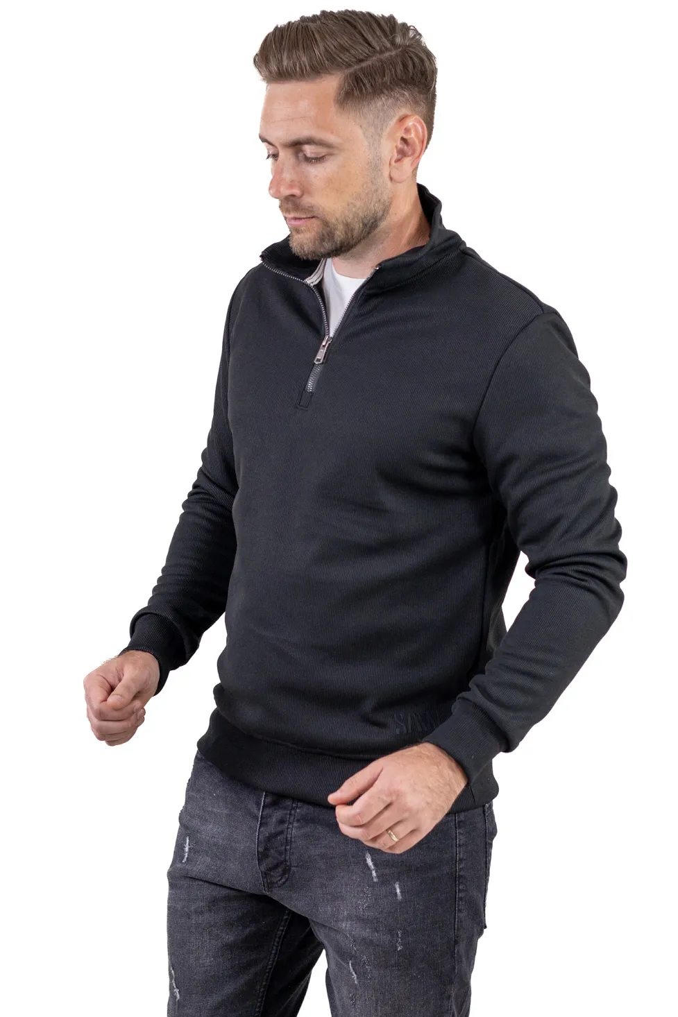 Hanorac bărbați cu fermoar și interior catifelat Plush negru [5]