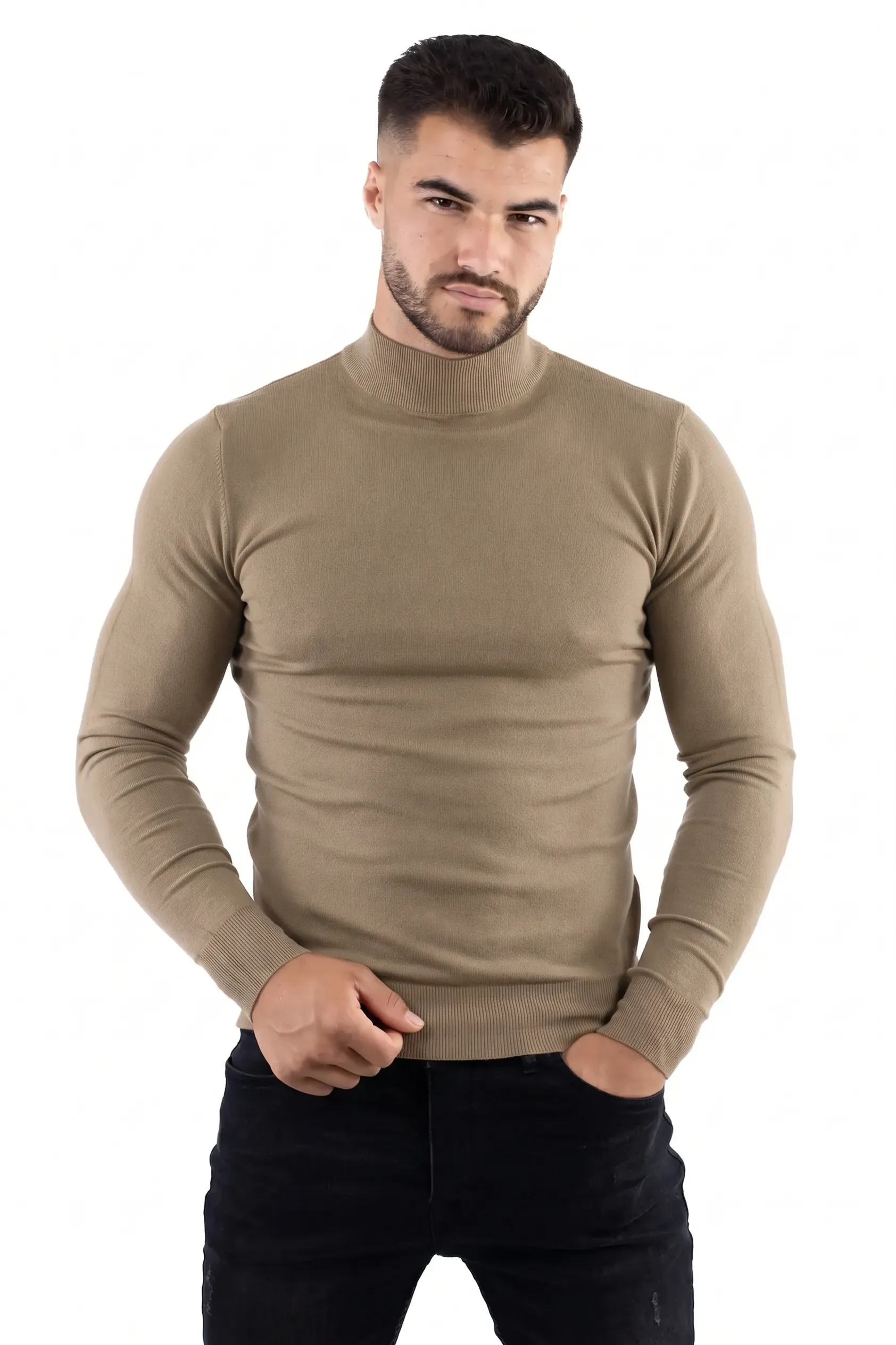 PULOVERE/MALETE - Maleta barbati khaki cu guler semi inalt